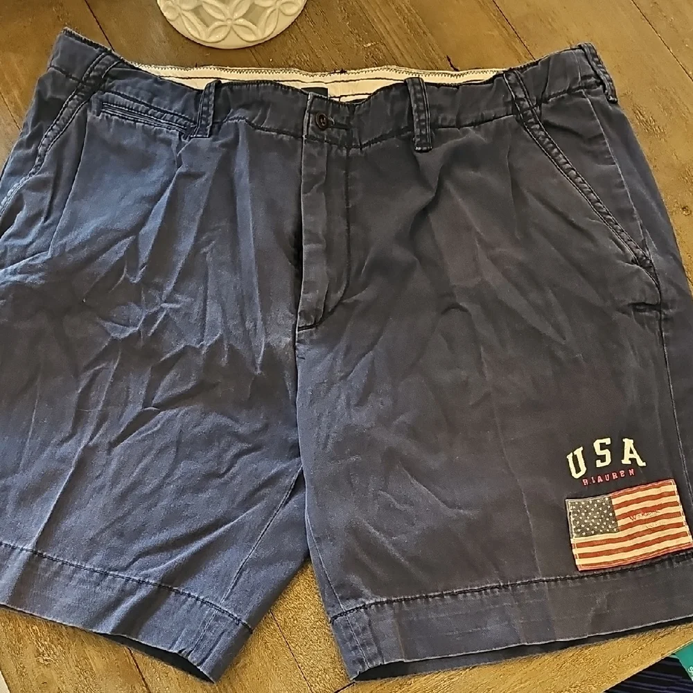 USA Flag Embroidered Navy Shorts By Ralph Lauren